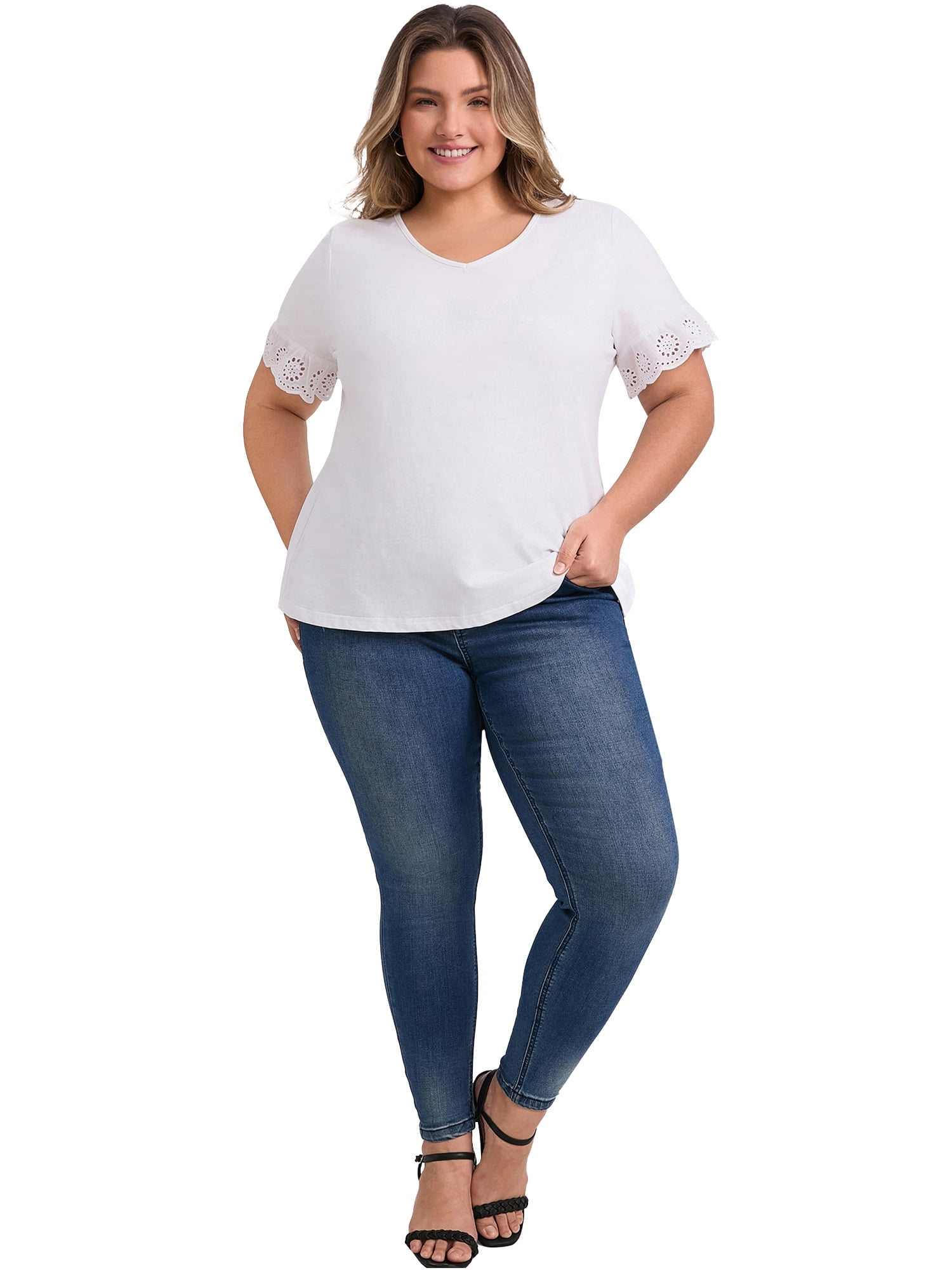 DARING DIVA Women's Plus Eyelet Embroidered Short Sleeve Blouse 4X White