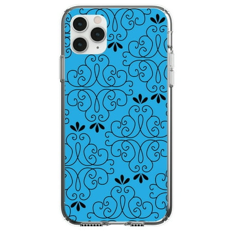 DistinctInk Clear Shockproof Hybrid Case for iPhone 11 Pro (5.8 Screen) - TPU Bumper Acrylic Back Tempered Glass Screen Protector - Blue Black Floral Pattern