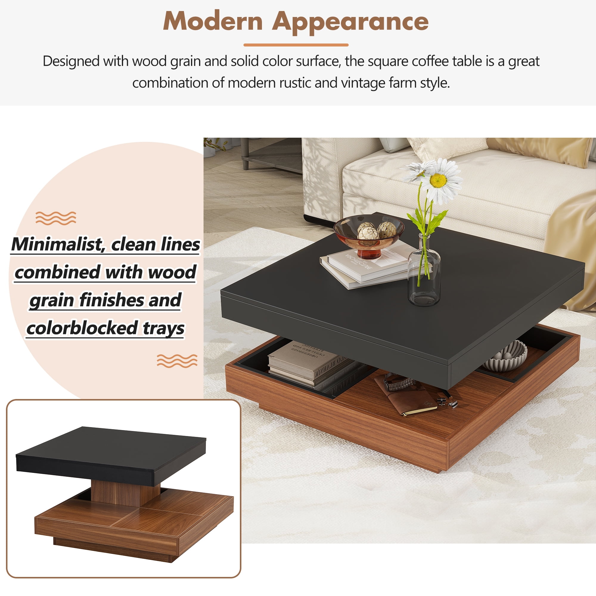 EUROCO Modern 27.5" 360°Rotating Coffee Table with 3 Detachable Tray, 2-Tier Farmhouse Wood Center Table with Storage for Living Room, Black