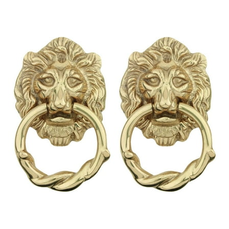 Renovators Supply Solid Cast Brass Lion Front Door Knocker 6.25" Tall Decorative Antique Lion Ring Style Front Door or Gate Metal Knockers Lacquered Brass Finish w/Hardware Pack of 2
