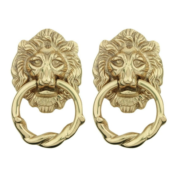 Renovators Supply Solid Cast Brass Lion Front Door Knocker 6.25" Tall Decorative Antique Lion Ring Style Front Door or Gate Metal Knockers Lacquered Brass Finish w/Hardware Pack of 2