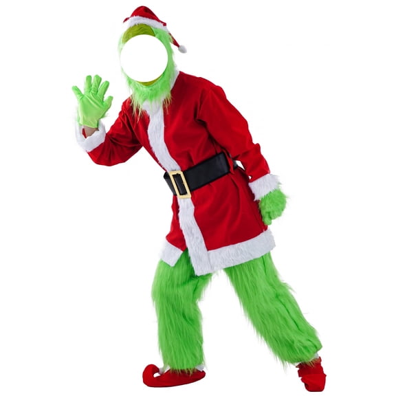 Christmas Costume for Men Adult Green 7PCS Deluxe Santa Suit Xmas Cosplay Outfit Christmas Size LXL