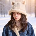 thumbnail image 5 of Ferjadq Kids Fuzzy Fleece Cat Ear Bucket Hat Short Brim Cute Winter Fisherman Cap for Toddler Girls Multi Tone Beige,2-8 Years, 5 of 6