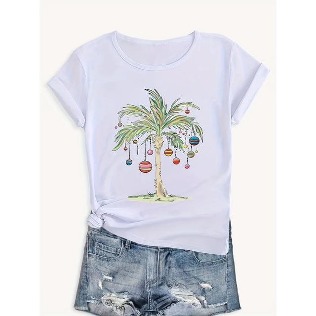 Loose Fit Women's Christmas Palm Tree T-Shirt, Festive Holiday Casual Summer Tee