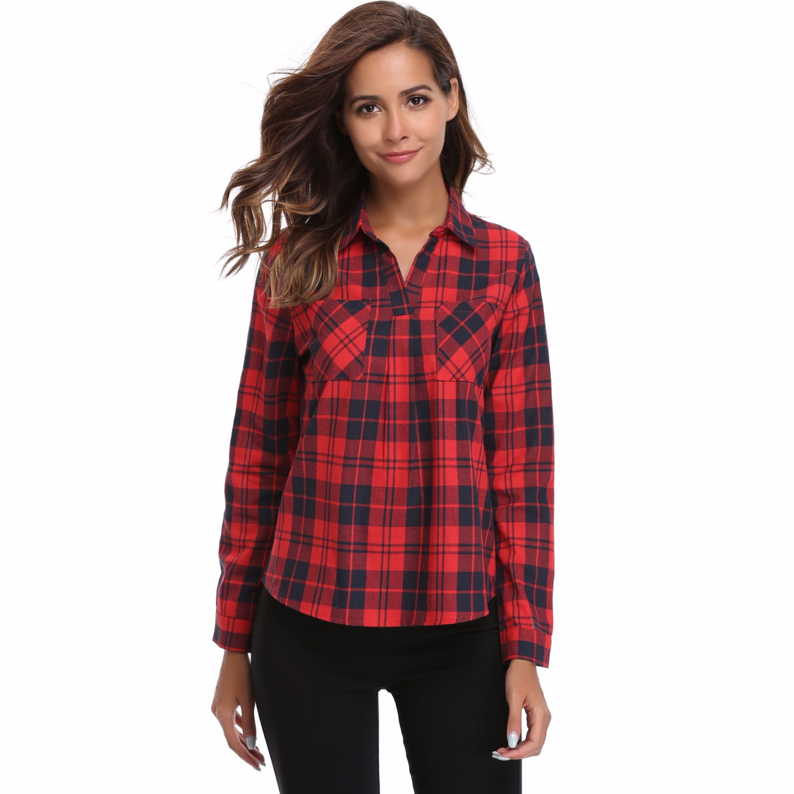Miss Moly Womens Long Sleeve Plaid Shirt Point Collar V Neck Roll up ...