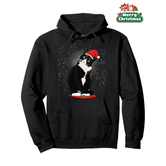 Men's Funny Tuxedo Cat Christmas Sweater - Slim-Fit Hooded Pullover Hoodie with Santa Hat & Snowflake Design, All-Season Casual Sweatshirt for Winter, Parties, New Year's & Casual Attire (Machine Was
