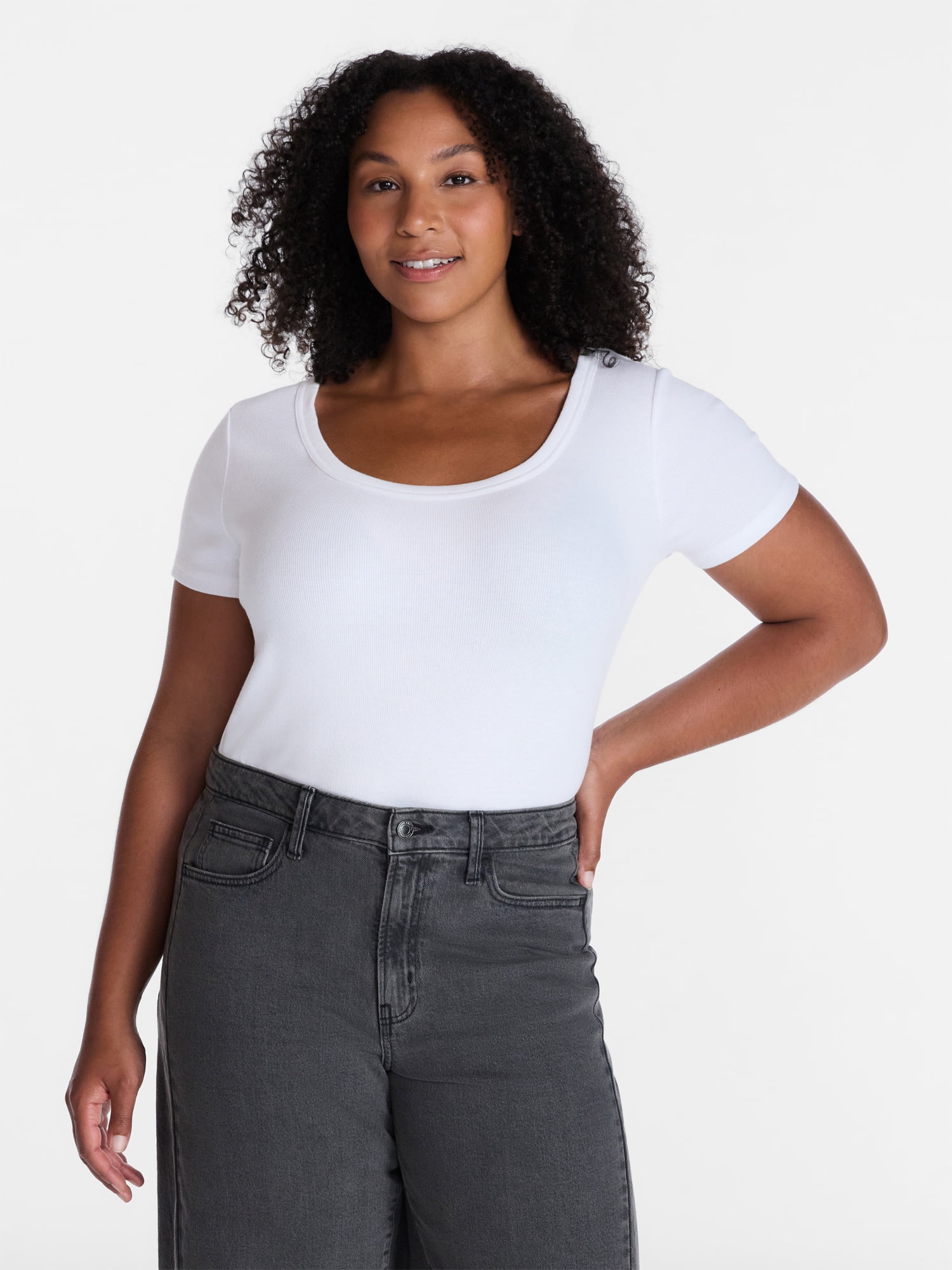 Time and Tru Women's Ribbed Scoop Neck Tee with Short Sleeves, Sizes XS-XXXL
