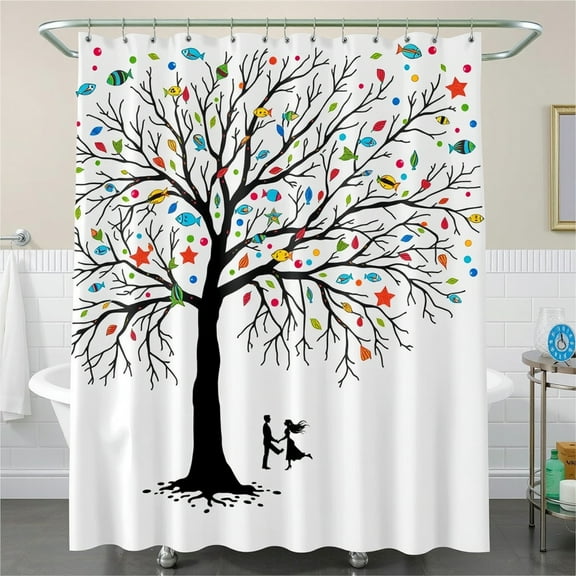 Whimsical Tree & Fish Shower Curtain - Black on White