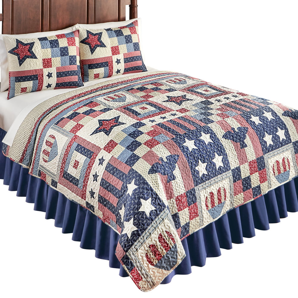 Details about   USA Quilted Bedspread & Pillow Shams Set Fourth of July Squares Print 