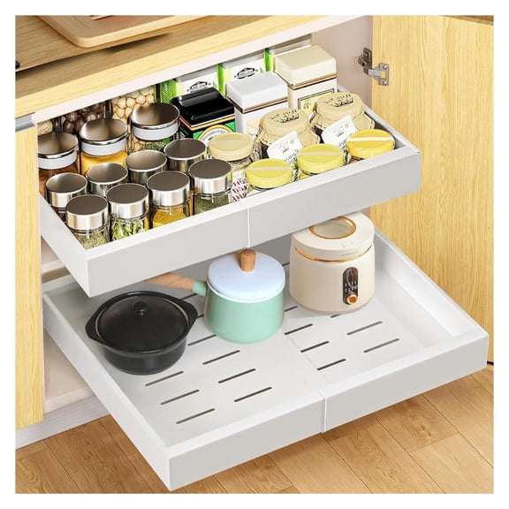 Pull Out Cabinet Organizer, 2PC 21" Deep Expandable (12"-21") Pull Out Drawers for Cabinets with Adhesive, Slide Out Drawers Roll Out Shelf for Kitchen, Bathroom, Under Sink Storage(White)