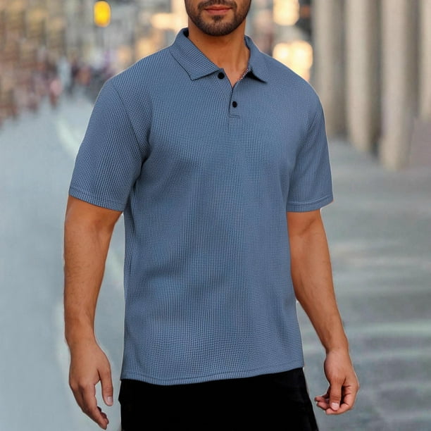 Blusa y camisa de manga corta con cuello vuelto para hombre, informal, lisa, para fitness, deportiva, de poliéster