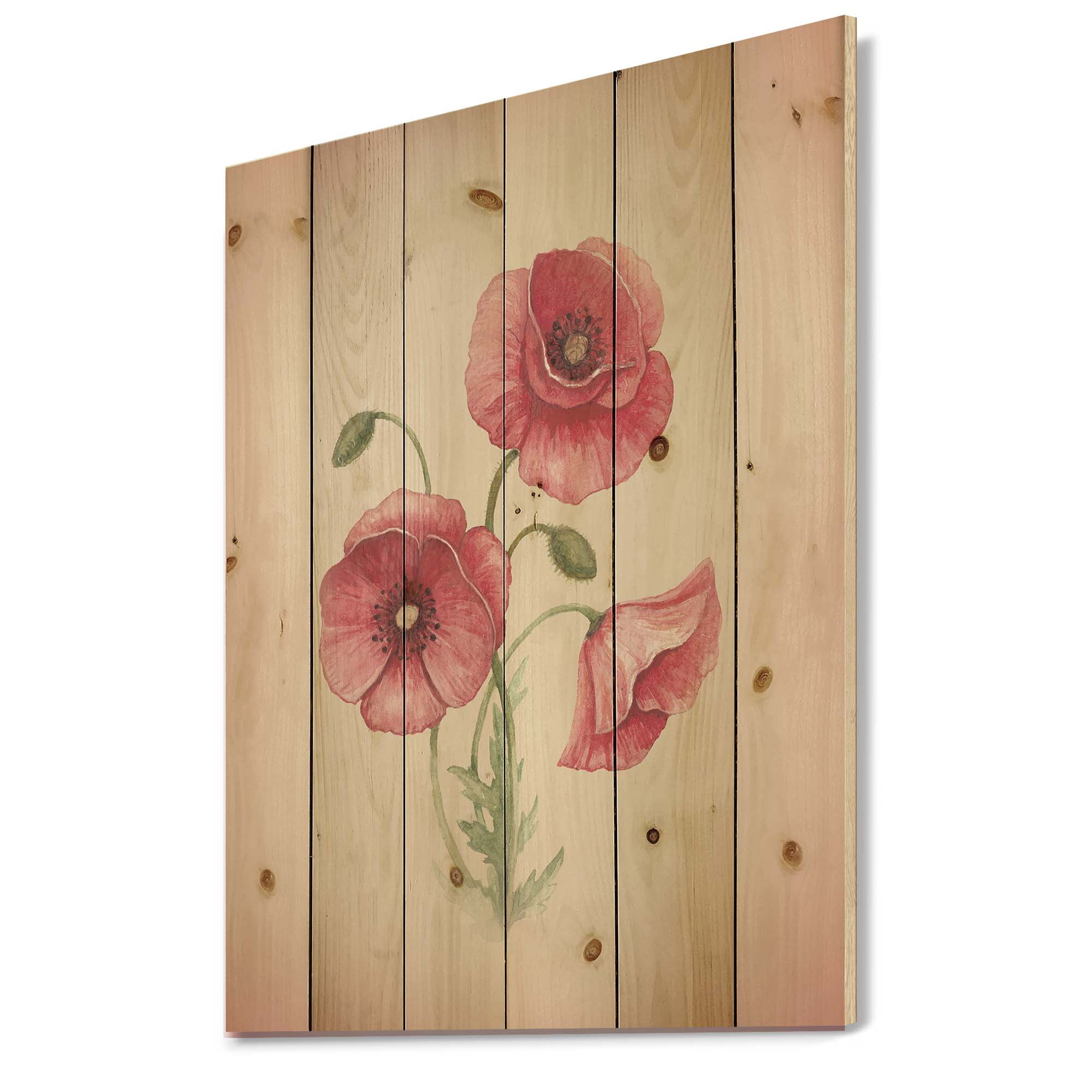 Designart 'Poppy Retro Flowers' Vintage Print on Natural Pine Wood