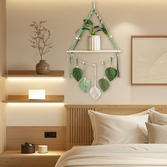 Estante de pared tejido, colgador de plantas, estante flotante para plantas, estante de almacenamiento de madera, decoración bohemia, estante montado en la pared para decoración del hogar, soporte de