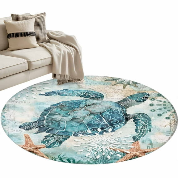 Coastal Sea Turtle Round Area Rug 3 FT, Small Kitchen Bathroom Mat, Teal Nautical Beach Starfish Vintage Washable Indoor Outdoor Throw Runner Carpet Doormat for Table Shower Sofa Entryway