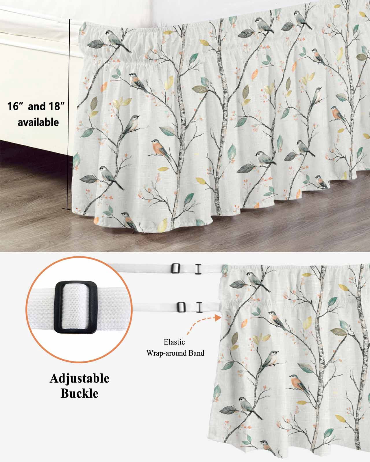 Vintage Botanical Wrap Around Bed Skirts for Queen Bed 16" Drop, Bed Skirt with Adjustable Elastic Belt Dust Ruffle Bed Valance for Bedroom Hotel Luxury Birds Branch Watercolor Leaf Bed Frame Cover