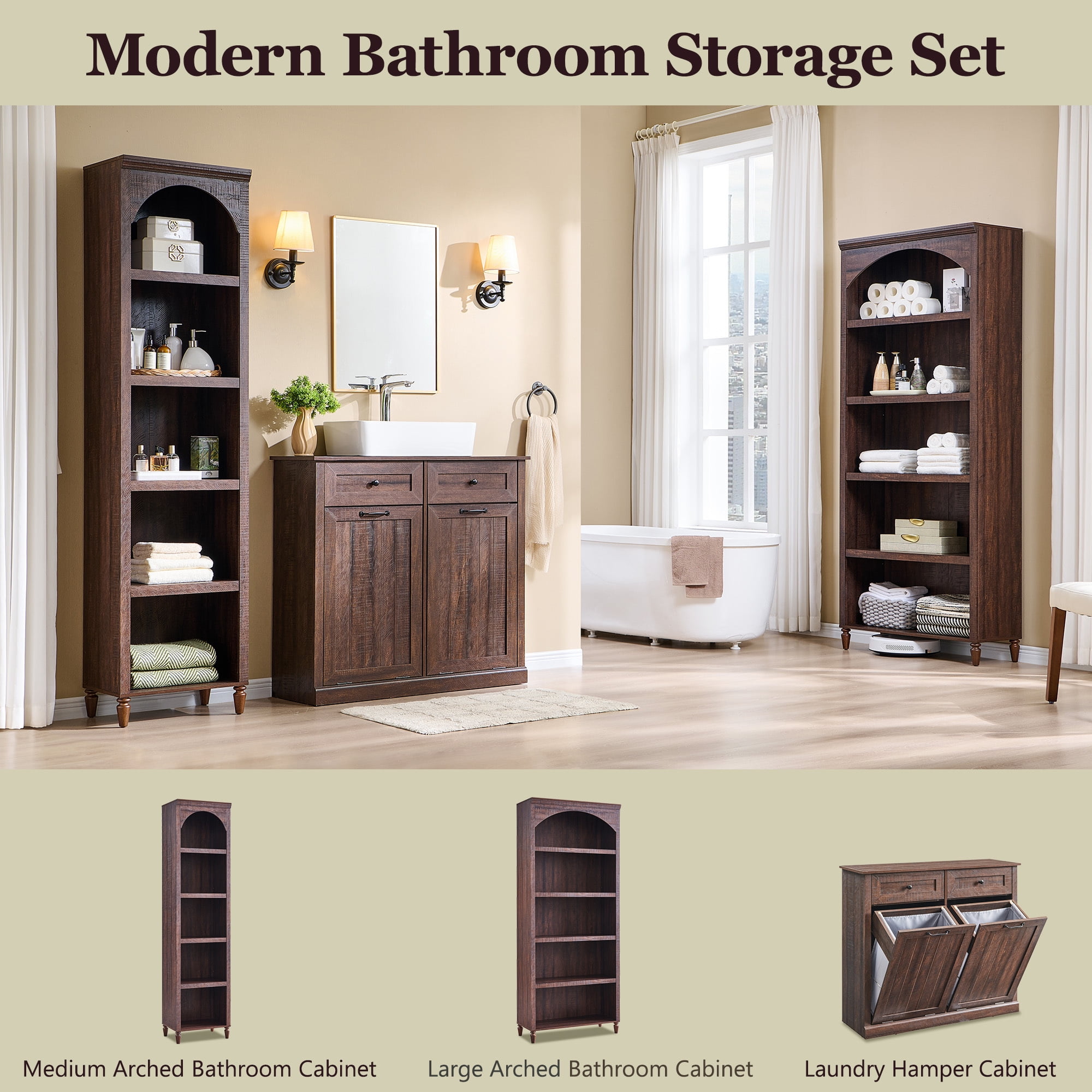 SinCiDo Arched Bathroom Storage Cabinet with Adjustable Shelves, 5-Tier Narrow Bathroom Cabinet for Bathroom, Kitchen, Living Room, Brown