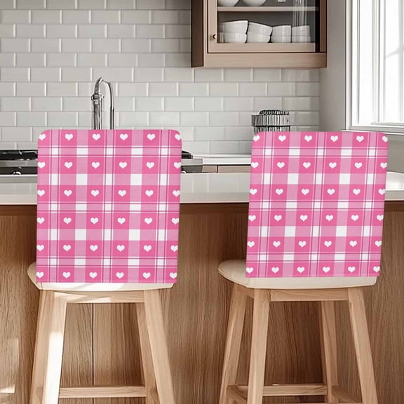 Valentine's Day Chair Covers Set of 4 Heart Retro Light Pink Buffalo Plaid Chair Back Covers Stretch Removable Washable Slipcovers Protector for Dining Room Kitchen Party Decor