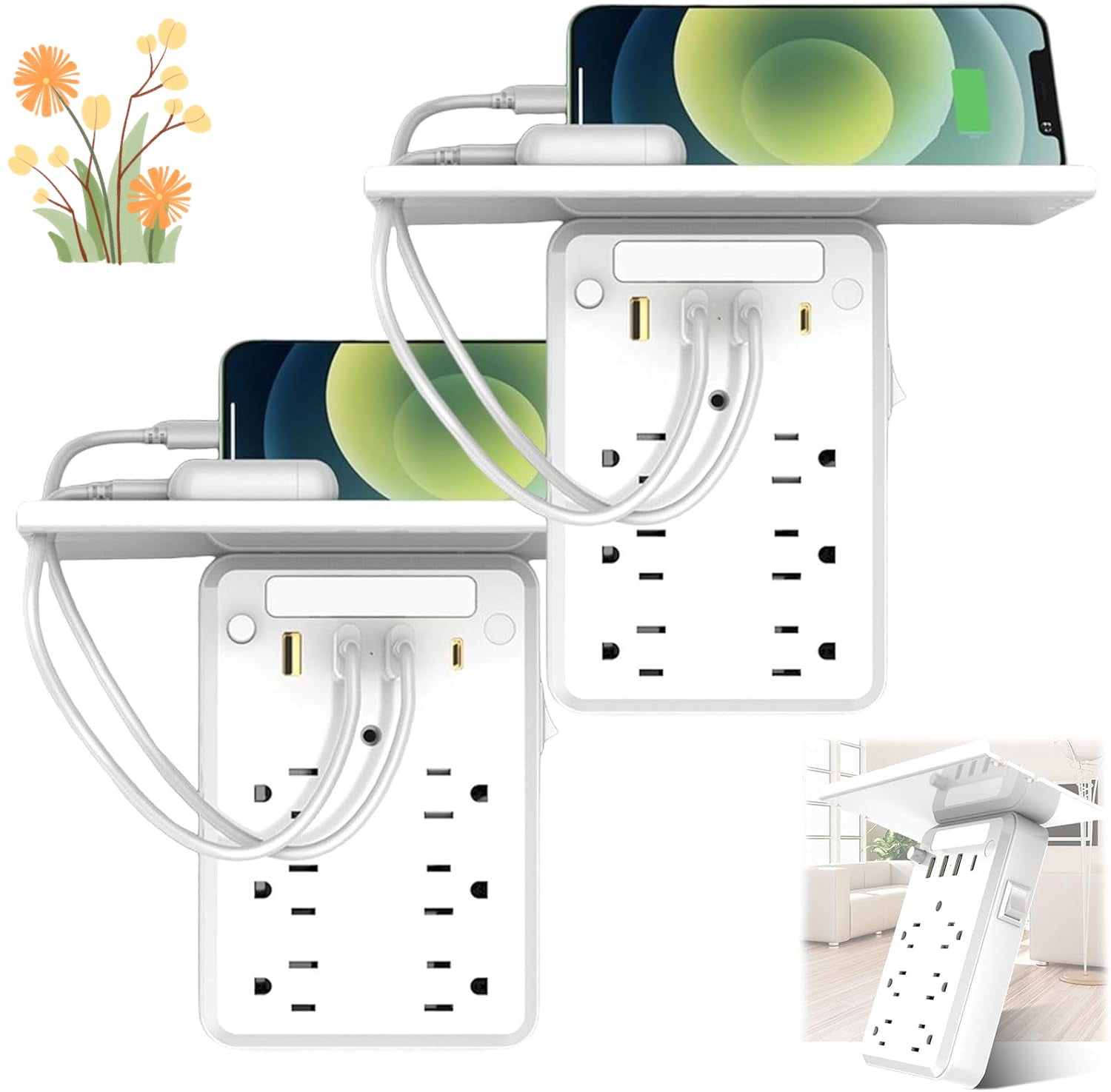 11 in 1 Wall Outlet Extender with Shelf Night, Surge Protector Power Strip with USB Ports, Flat Plug Power Strip, Multi Plug Wall Outlet for Home & Office & Travel Outdoor (1PC)
