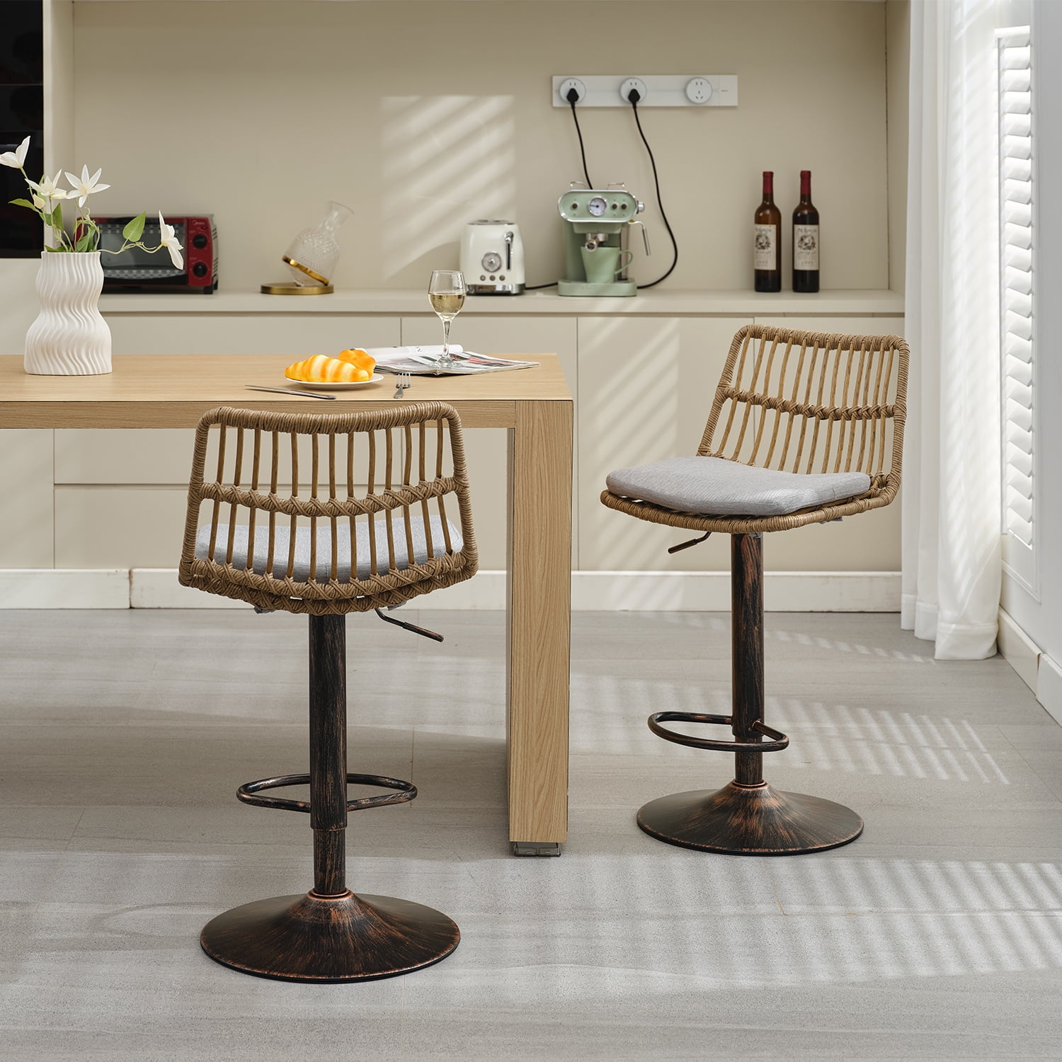 Demi Bonn 35" Counter Height Bar Stools Set of 2, Rattan Swivel Barstools with Back, Kitchen Island Countertop Chairs for Dining Room, Gray