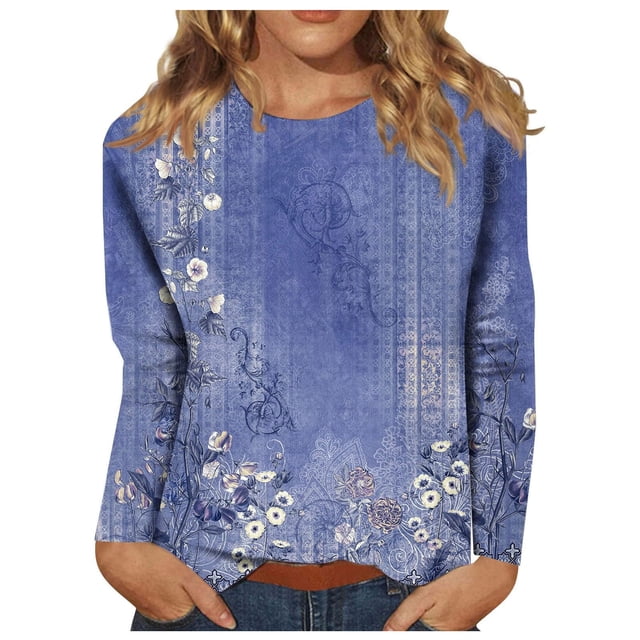 SNKSDGM Hauts à Manches Longues pour Femmes Hiver Hauts d'Entraînement à Manches Longues pour Femmes Grande Taille T-Shirt à Col Rond Imprimé à Manches Longues Décontracté Mode pour Femmes TTG
