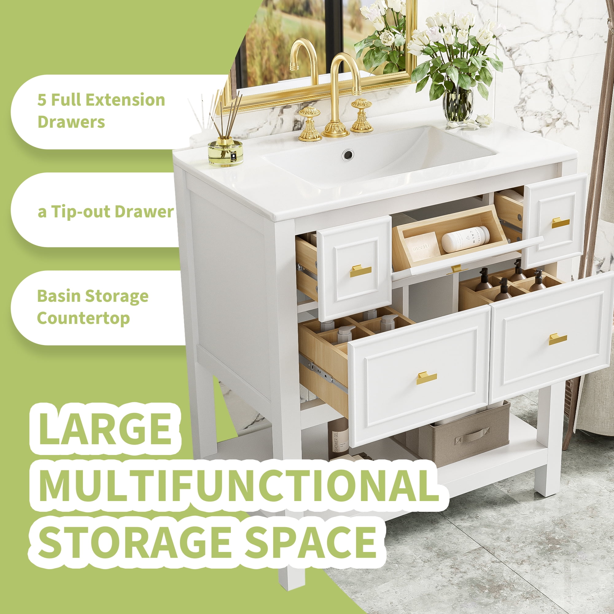 Euroco Bathroom Vanity with Sink – 5-Drawer MDF Cabinet with Concealed Storage and Pre-Drilled Three-Hole Basin