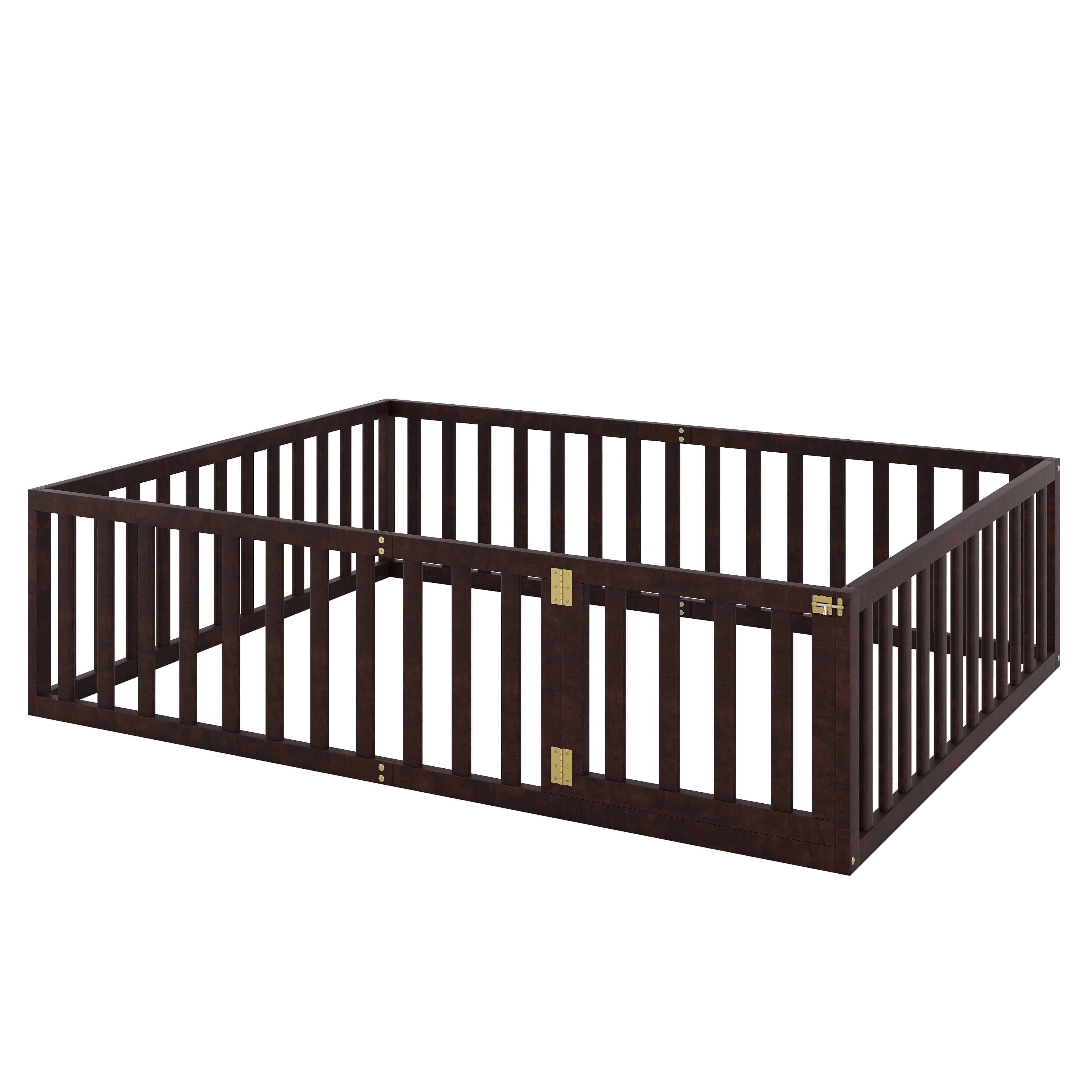 Kumix Queen Floor Bed with Fence and Door, Wood Floor Bed Frame for 1-3 Aged, Noise-Free Low Floor Bed for Bedroom, Dorm, No Weight Capacity Limit, Easy Assembly, Walnut