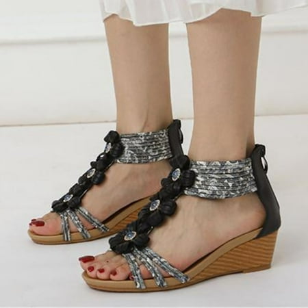 

bvgfsahne Ladies Summer Fashion Classic Ethnic Style High Heels Thick Soles Open Toe Breathable Vintage Wedge Sandals