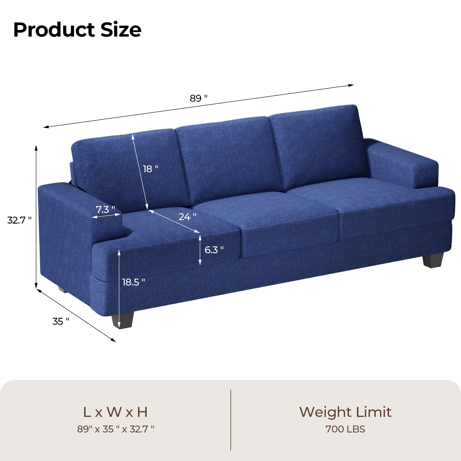 BLAZANT 3 Seater Sofa Oversize, 89" Extra Large Size Sofa Couch with Extra Deep Seats, Modern Loveseat Sofa, Comfortable Fabric, Easy to Install, for Living Room Apartment Lounge, Blue
