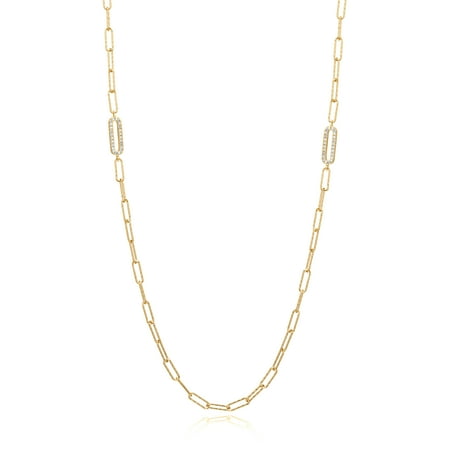 Forever Facets 18K Yellow Gold Plated 925 Sterling Silver Cubic Zirconia Lined Fashion Oval Link Chain Long Paper Clip Necklace Gift for Her, 32" + 2" Extension