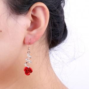 Fancyleo 2 Pairs Red 3D Rose Drop Earrings for Women Statement Dangle Earrings with Crystal Rhinestone