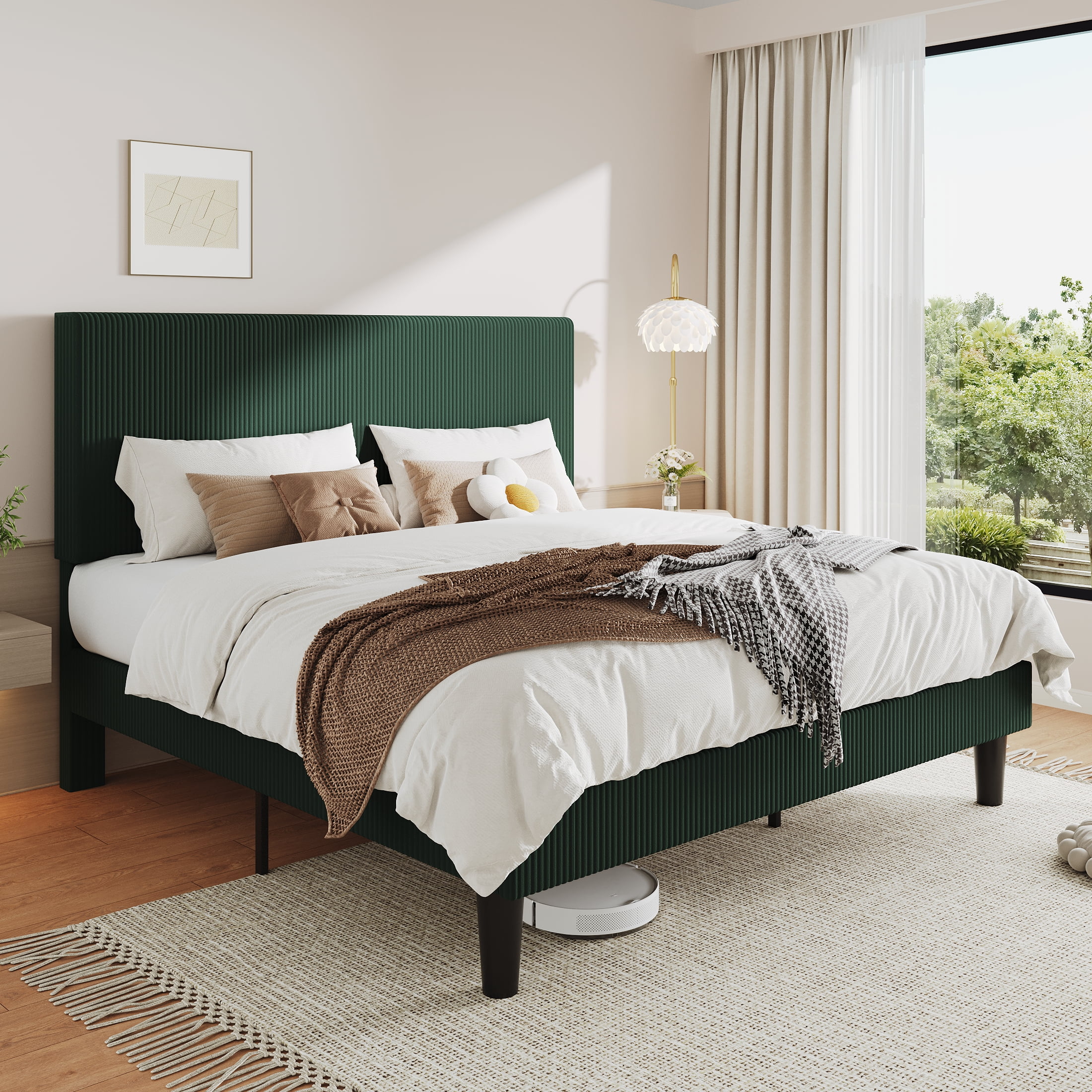 Allewie King Size Upholstered Bed Frame with Vertical Channel Tufted Headboard, Soft Corduroy Fabric Platform Bed, Green