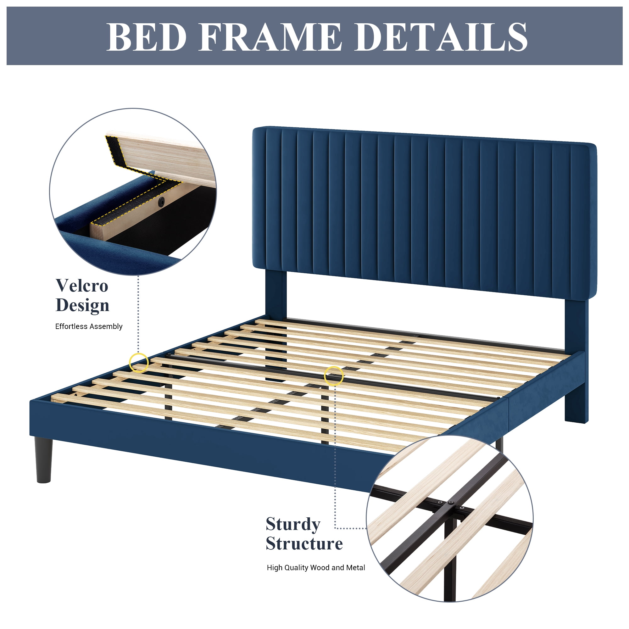 Allewie Queen Size Velvet Upholstered Platform Bed Frame with Adjustable Vertical Channel Tufted Headboard, Navy Blue