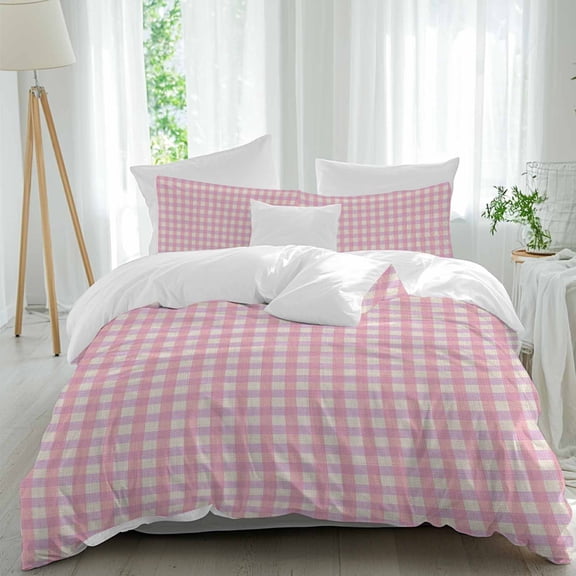 3 Piece Pink Duvet Cover Set Twin Size, Microfiber Comforter/Quilt Cover with Corner Ties and 2 Pillowcases, Grid Checkered Plaid Gingham Lattice Trellis All Season Soft Bedding with Zipper Closure