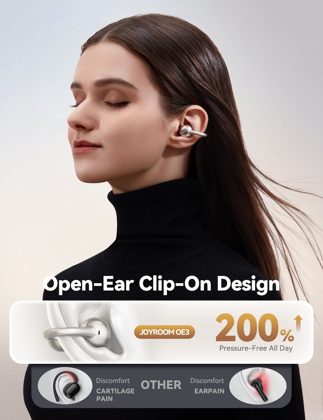 JOYROOM OE3 Open Ear Wireless Earbuds, Ultra-Lightweight Comfortable Clip-on Earbuds, Bluetooth 5.4 Headphones with Full Surface Touch Control, Bass Sound, IPX4 Waterproof Fit for Workout and Daily