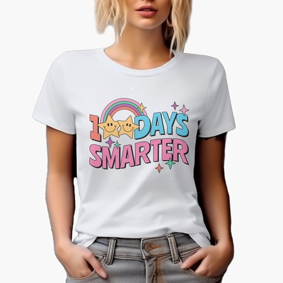 100 Days Smarter, Retro Wavy Text with Rainbow Art Merch Gift, White T-Shirt, Small