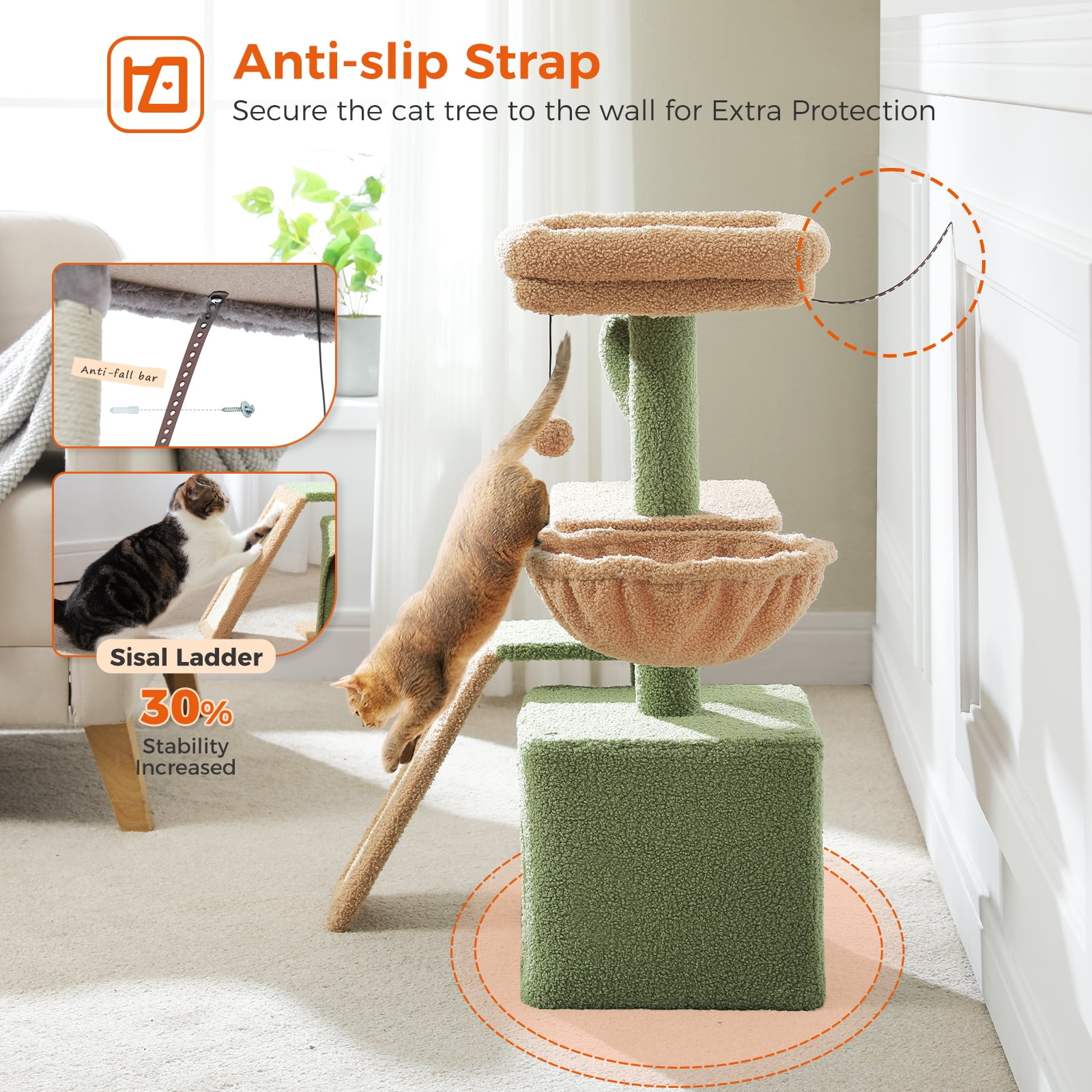 Pefilos 32" Cat Tree Tower, Cute Cat Condo with Sisal Scratching Ramp, Cozy Hammock and Removable Top Bed Perch for Indoor Kittens, Green
