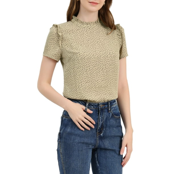 INSPIRAR CHIC Blusa de Manga Corta con Volantes y Lunares para Mujeres, Cuello Redondo, Casual, Talla XS, Beige Oscuro