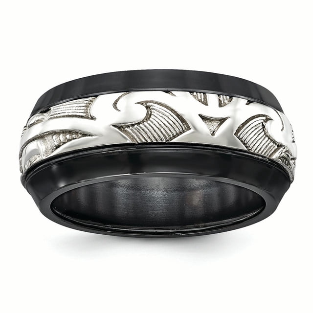Edward Mirell Black Ti & Sterling Silver Inlay Polished Scroll Ring Size 13