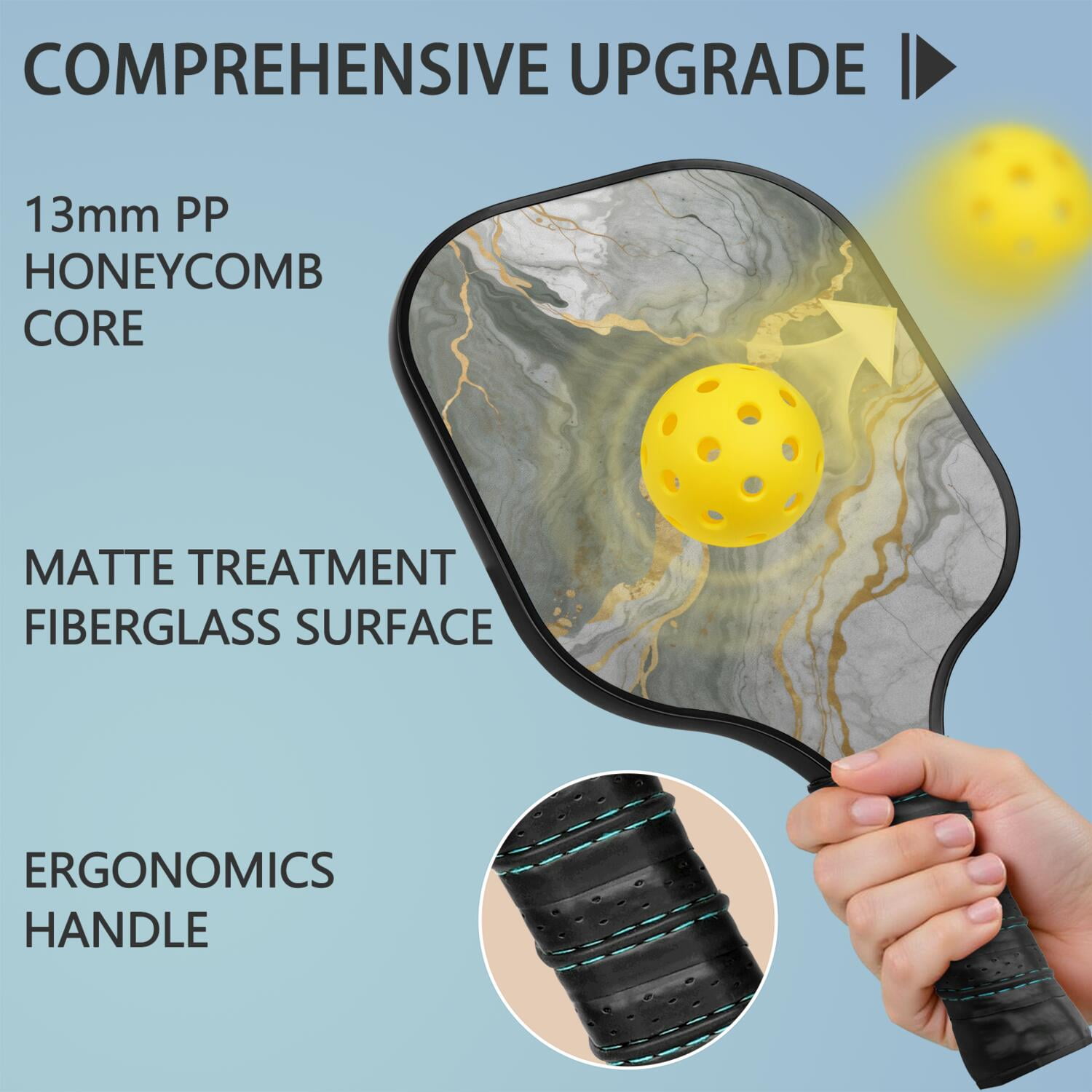 Pickleball Paddles Set Of 2, Fiberglass Surface, Turquoise Marble Pattern, 4 Balls & Bag