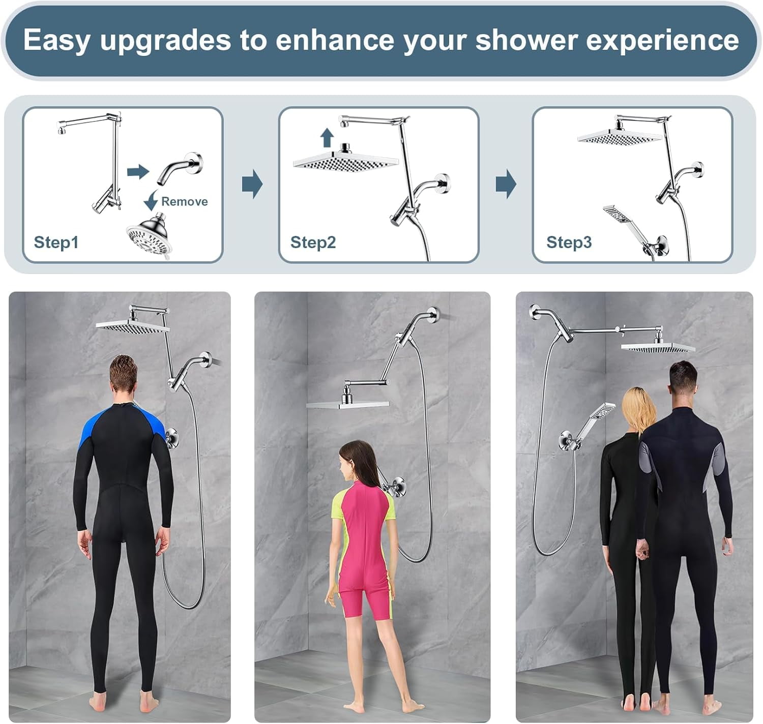 Rain Shower Head with Handheld Spray, 8 Inch High Pressure Rainfall Shower Head Combo with 60” Hose, Adjustable Dual Square Showerhead with 3-Way Diverter, Wall Bracket, Chrome