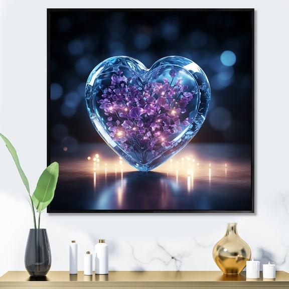 Designart "Luminous Blue Transparent Heart II" Abstract Shapes Floater Framed Wall Art Living Room