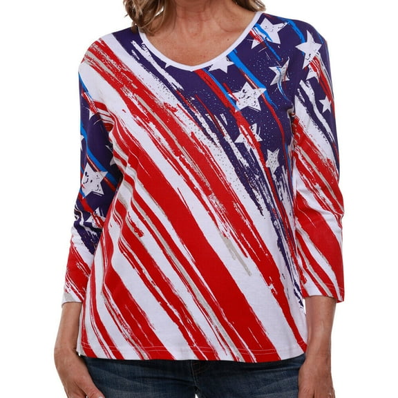 Women's Stars and Stripes Patriotic 4th of July American Flag 3/4 Sleeve Top