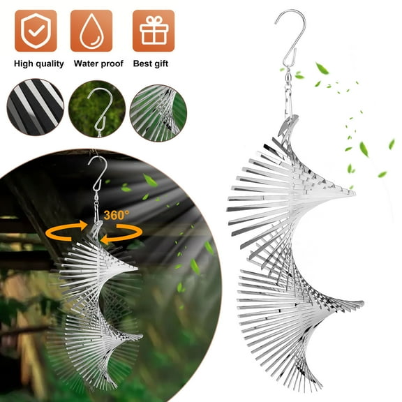 TSV 15'' Metal Wind Chimes, Garden Yard 3D Helix Spinners Wind Bell, Silver