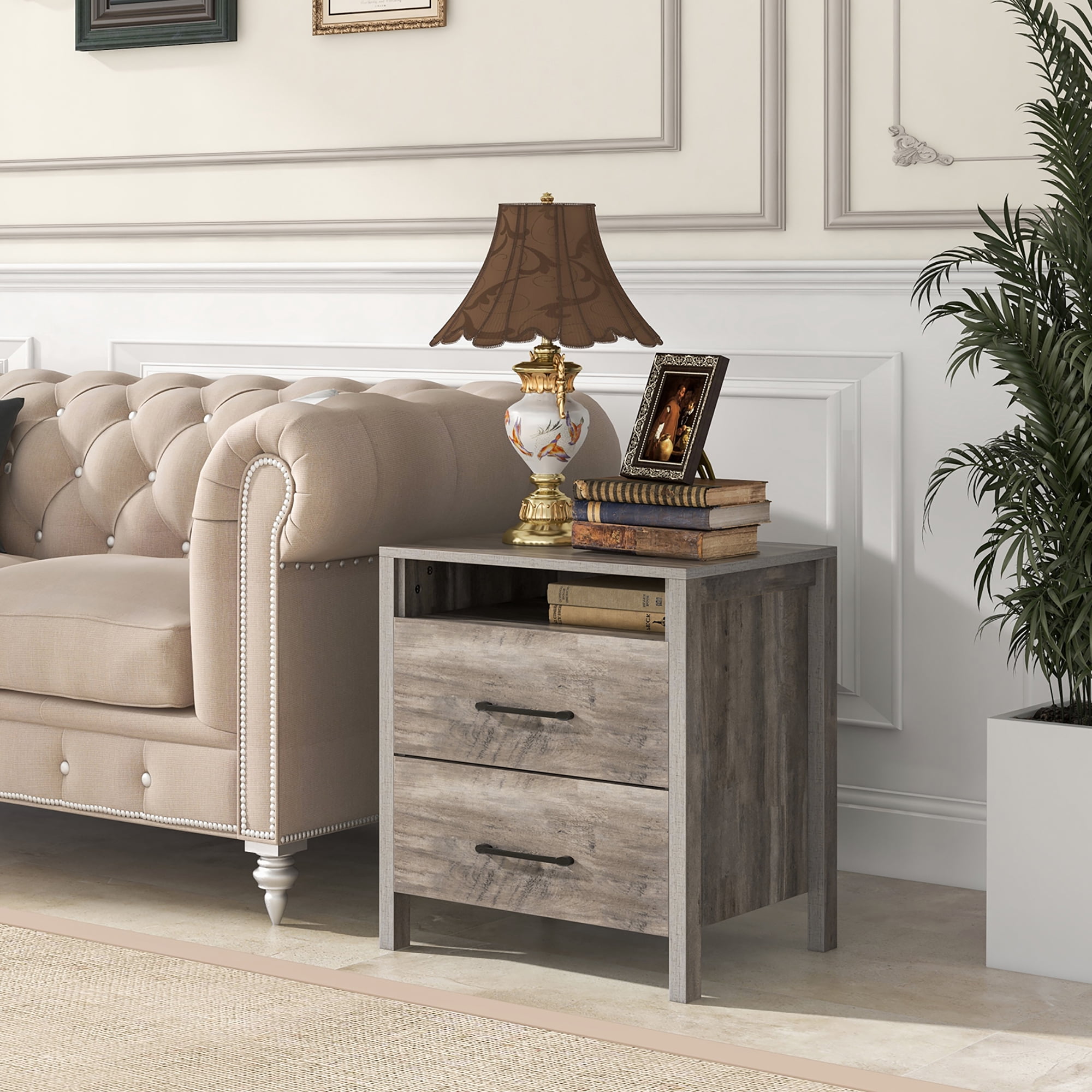 Gymax Nightstand w/ 2 Drawers Farmhouse Bed Side Table w/ Open Storage Shelf