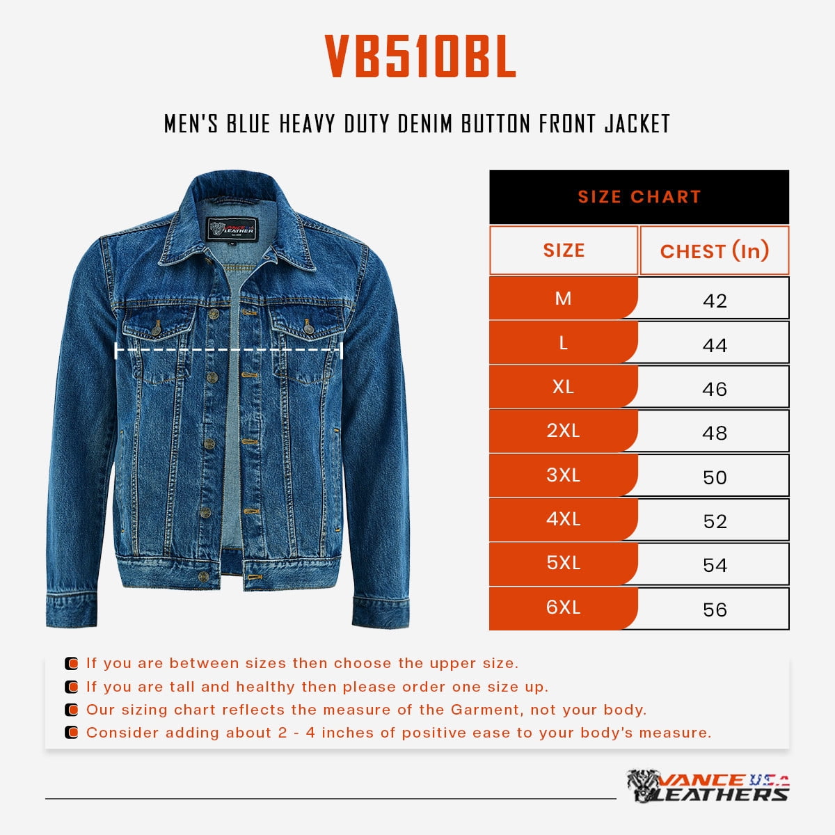 Vance Mens Blue Heavy Duty Denim Button Front Motorcycle
