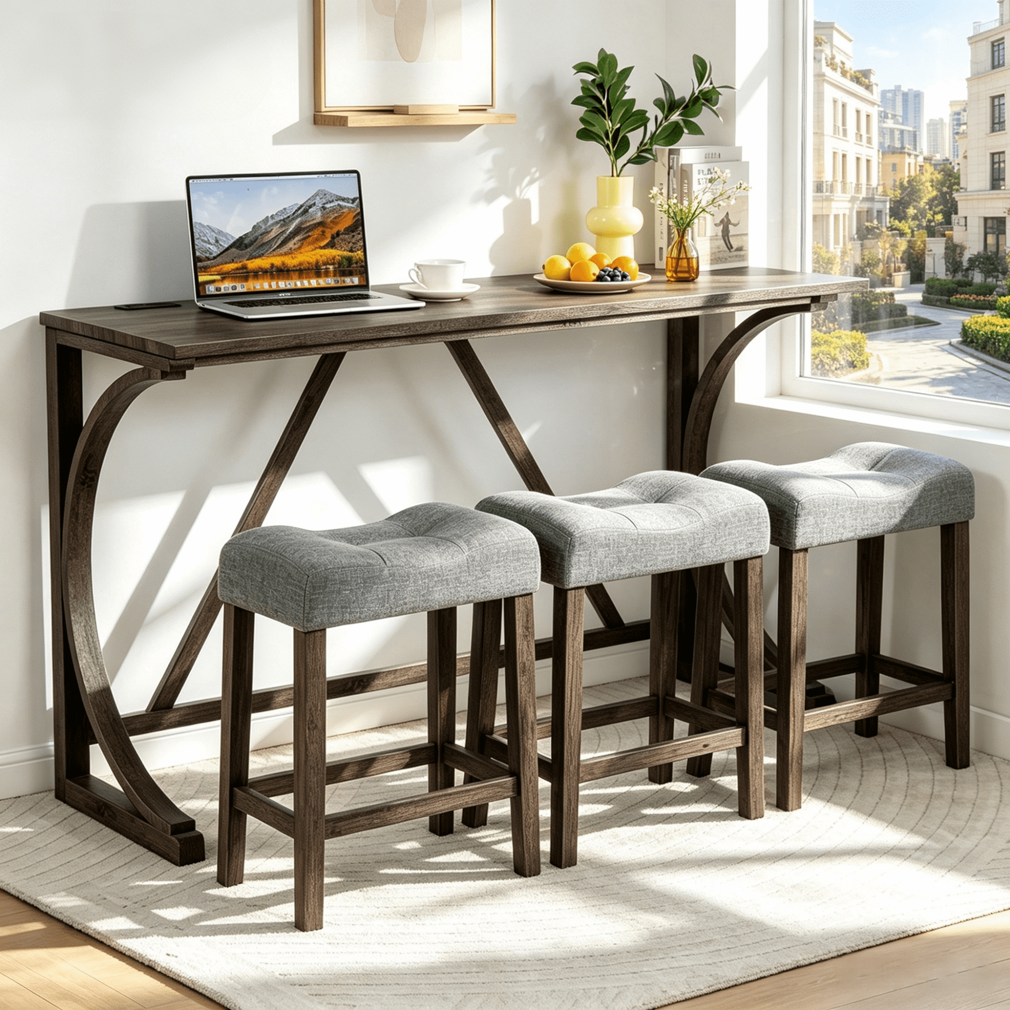 Gewnee 4 Piece Bar Table Set,Counter High Bar Table Set with Power Outlet and 3 Linen Chairs,Industrial Breakfast Table for Kitchen,Living Room.Dark Grey