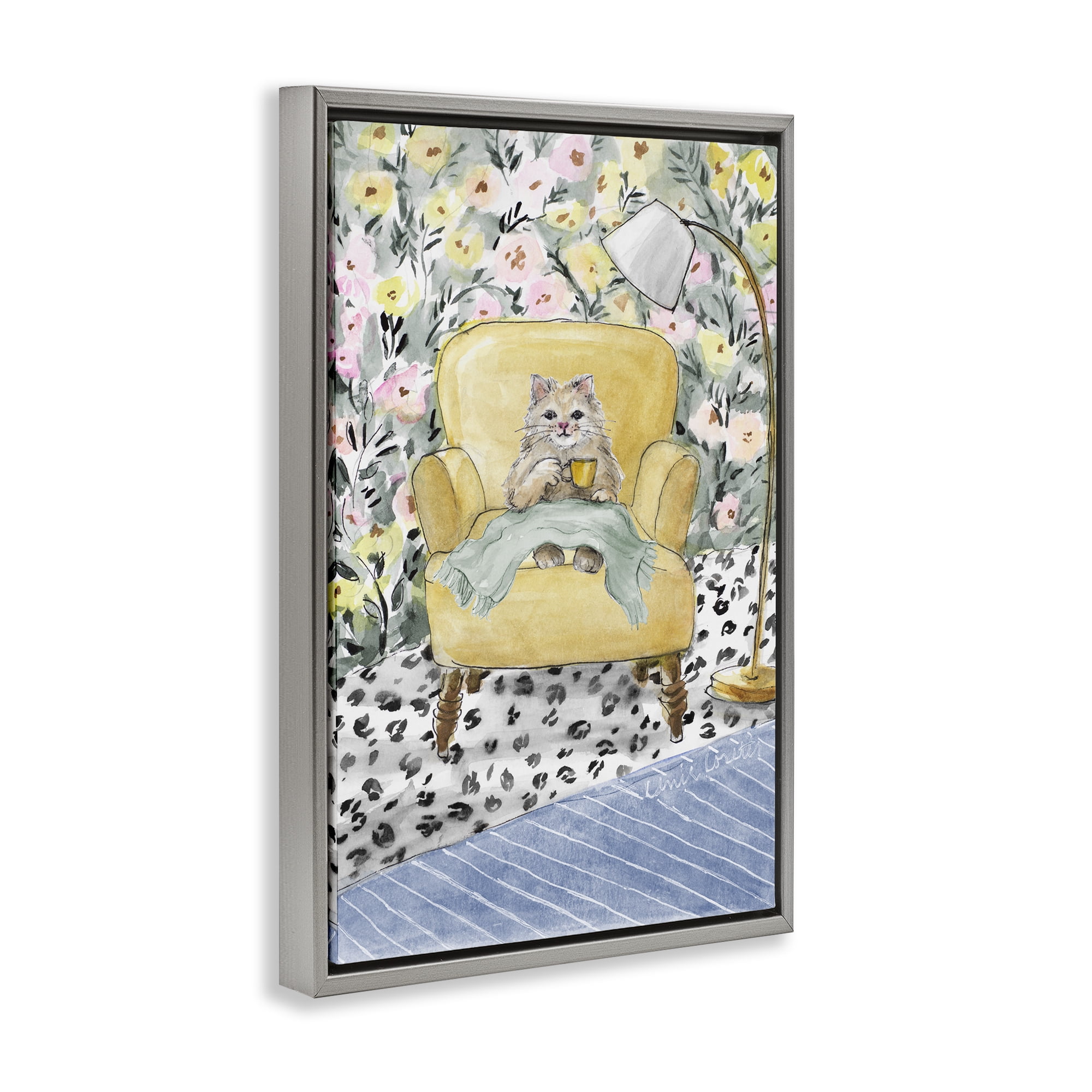 Stupell Industries Cozy Cat Corner Gray Framed Floater Canvas Wall Art, design by Lanie Loreth