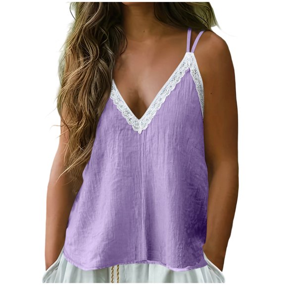 Ecqkame Tank Tops for Women V Neck Lace Trim Adjustable Spaghetti Strap Cami Top Solid Casual Sleeveless Summer Blouse Purple XL