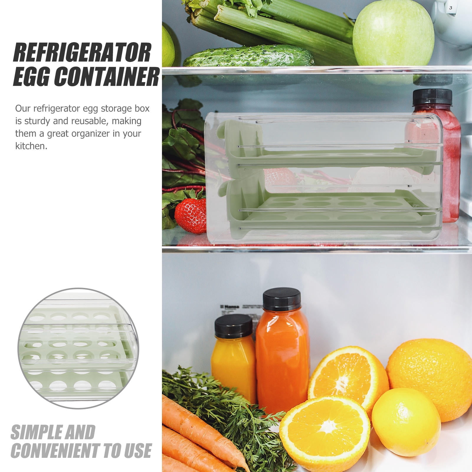 FRCOLOR  Egg Container Fridge Organizer Rack Refrigerator Storage Stackable Green