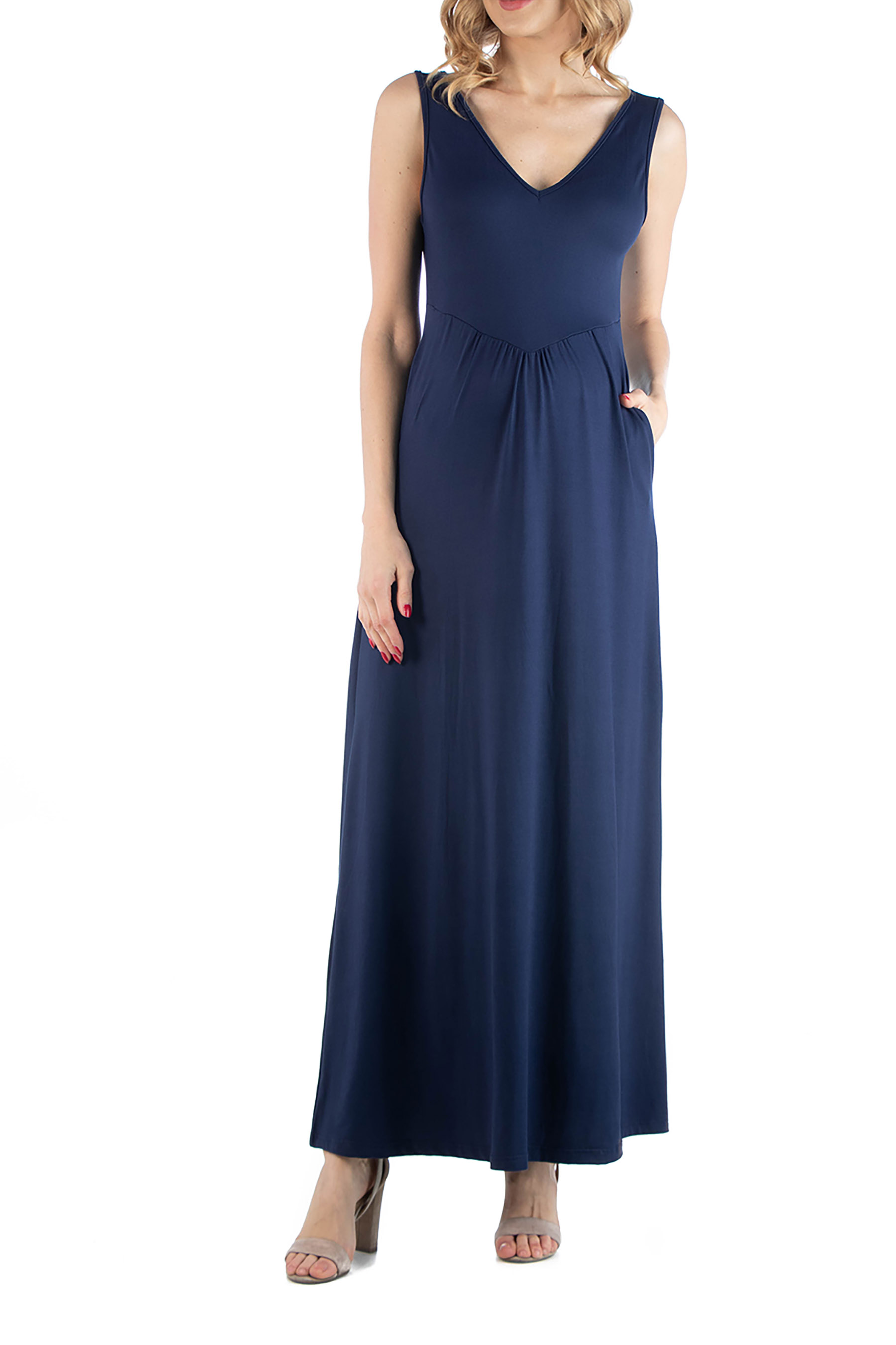 24seven Comfort Apparel Maxi Maternity Sleeveless Dress with Pockets